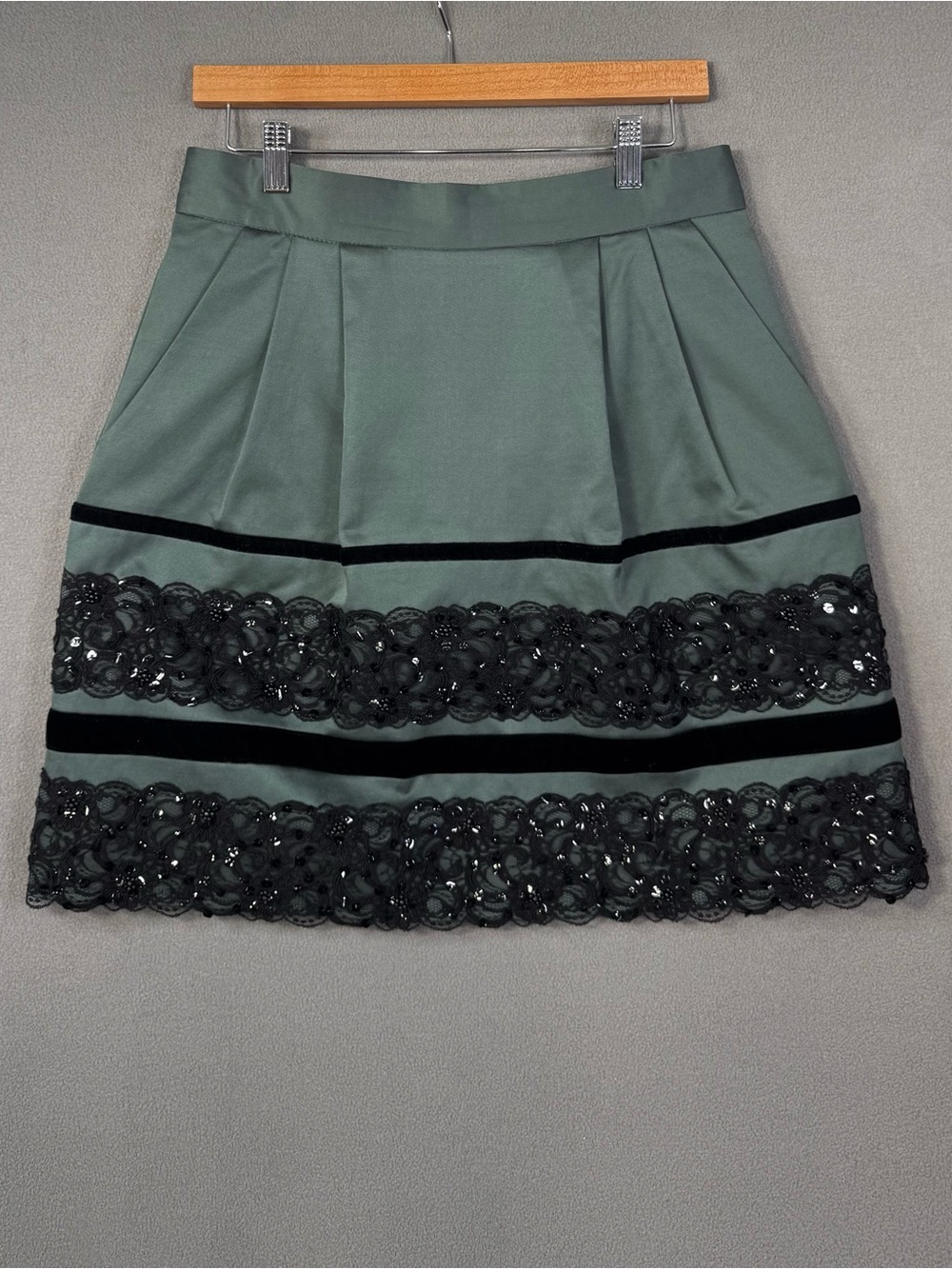 Vintage Nanette Lepore Green Satin A-Line Skirt with Black Lace & Velvet Trim, M